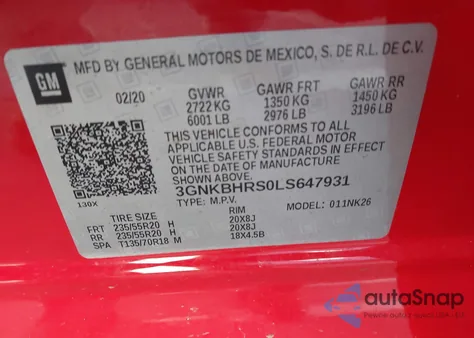 2020 Chevrolet Blazer Awd 2Lt from USA, damaged, VIN 3GNKBHRS0LS647931